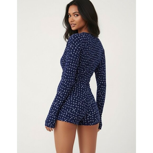 Free People Navy Floral L/S Thumbhole Romper PJ | Soft Girl Boho Coquette Lounge - Picture 7 of 16